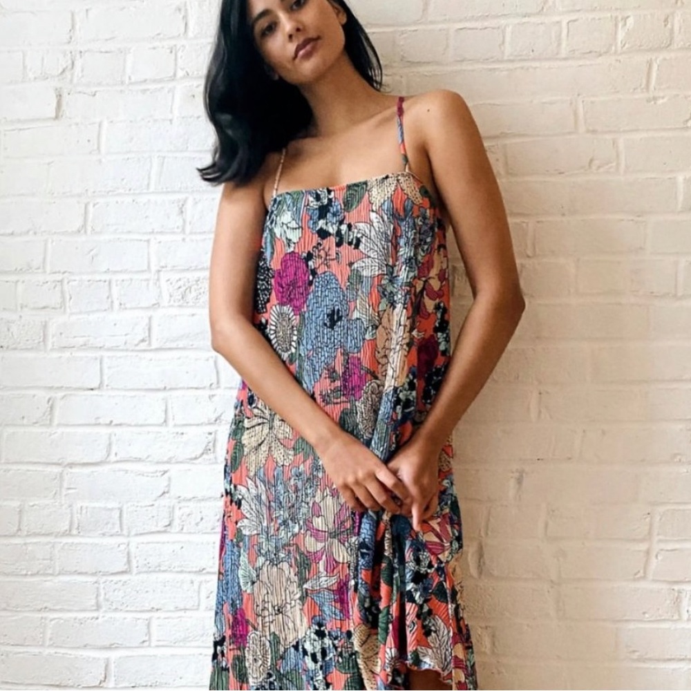 Anthropologie Deva Plisse Slip Midi Dress in Floral Print - XS-Petite